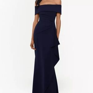 Xscape “Lindsay” Long Scuba Crepe Off the Shoulder Dress